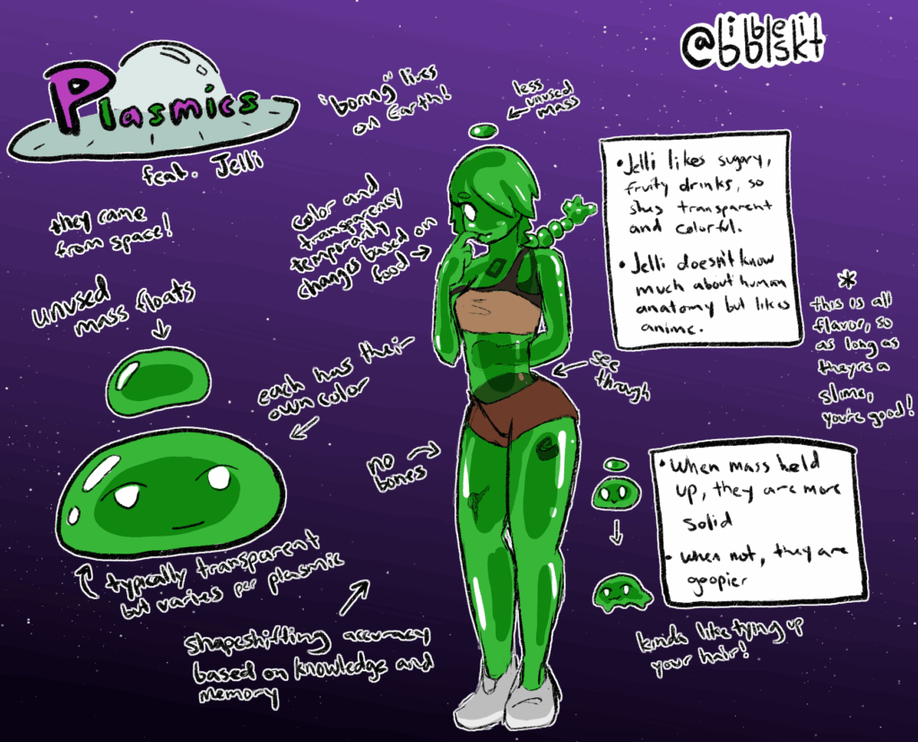 Plasmics (feat. Jelli)
* They came from space!
* "boring" lives on Earth!
* Unused mass floats (shown next to a blob above the slime)
* Each has their own color.
* Typically transparent but varies per plasmic.
* Shapeshifting accuracy based on knowledge and memory.
* No bones.
* See through.
* A smaller blob above a shapeshifted Jelli's head floats, with the text "less unused mass" next to it.
* When mass held up, they are more solid. When not, they are goopier. Kinda like tying up your hair!
* Jeli likes sugary, fruity drinks, so she's transparent and colorful.
* Jelli doesn't know much about human anatomy but likes anime.
* This is all just flavor, so as long as your character is a slime, you're good!